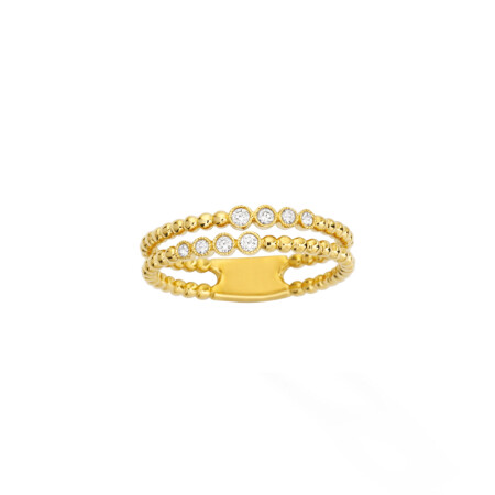 Bague double ligne perlée en or jaune et diamants