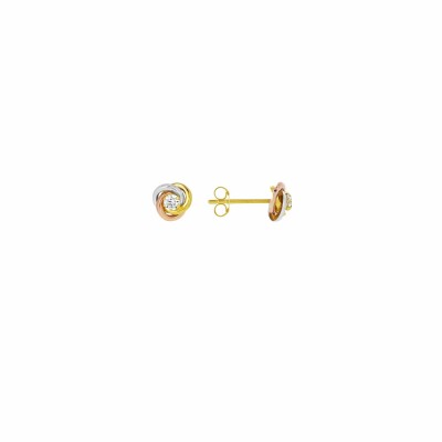 Boucles d'oreilles 3 cercles en or jaune, or blanc, or rose et oxydes de zirconium