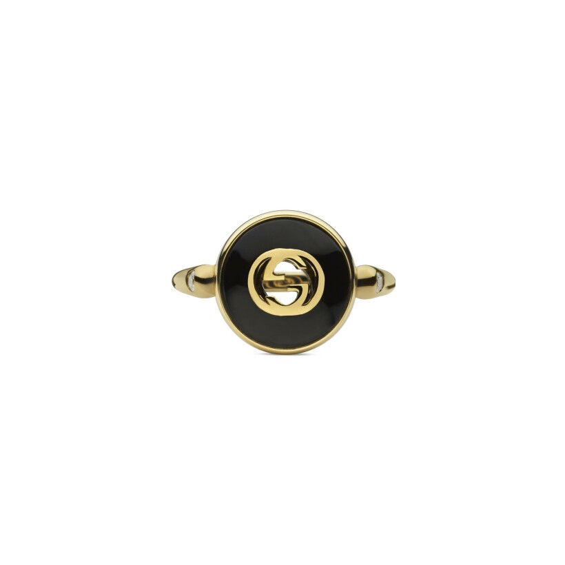 Bague Gucci Interlocking en or jaune, onyx et diamants, taille 53