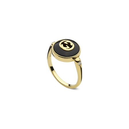 Bague Gucci Interlocking en or jaune, onyx et diamants, taille 53