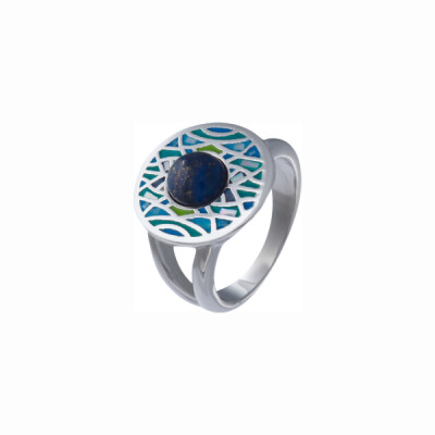 Bague Odena Yolena en acier, émail, nacre et lapis lazuli