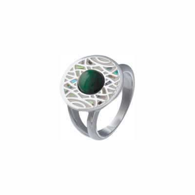 Bague Odena Yolena en acier, émail, nacre et malachite