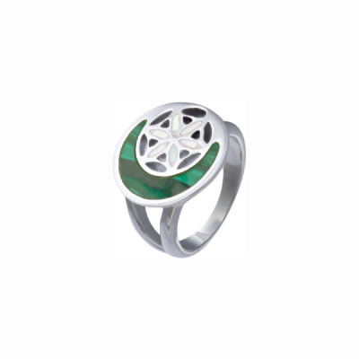 Bague Odena Yolena en acier, émail, nacre et malachite