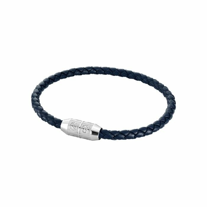 Bracelet Zeades Damier en acier et cuir bleu foncé