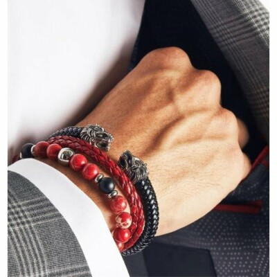 Bracelet Zeades Cosmopolitan en acier et cuir rouge