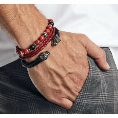 Bracelet Zeades Lion en acier et cuir noir