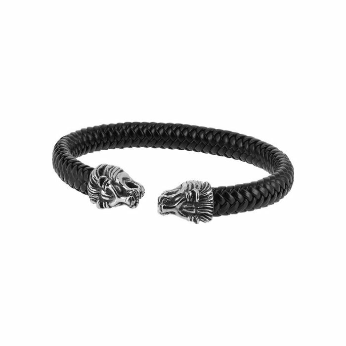 Bracelet Zeades Lion en acier et cuir noir