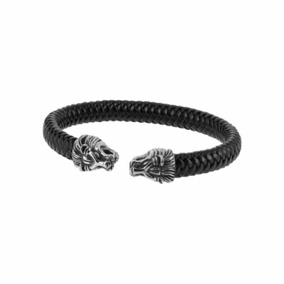 Bracelet Zeades Lion en acier et cuir noir