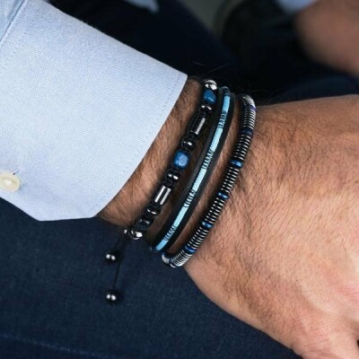 Bracelet Zeades Westmaran en acier, cuir noir et bleu