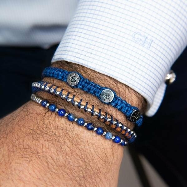 Bracelet Zeades Galhauban en acier, cuir brun et textile bleu