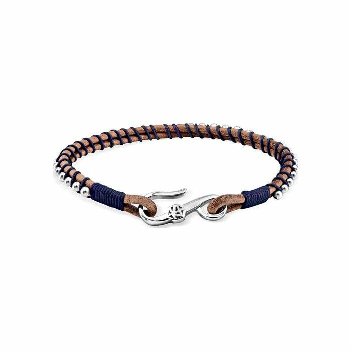 Bracelet Zeades Galhauban en acier, cuir brun et textile bleu