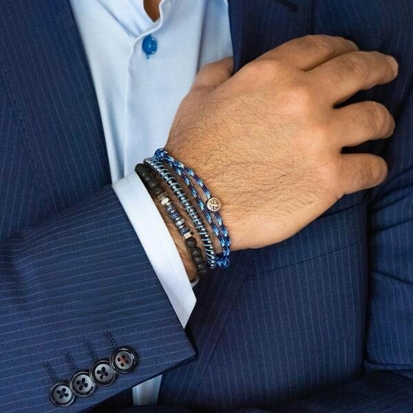 Bracelet Zeades Galhauban en acier, cuir noir et textile bleu
