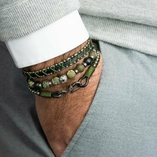Bracelet Zeades Galhauban en acier, cuir noir et textile vert
