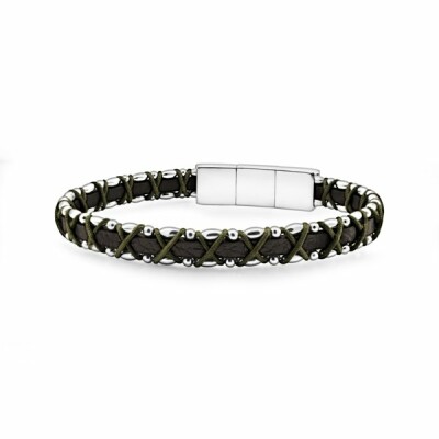 Bracelet Zeades Dromon en acier, cuir noir et textile vert