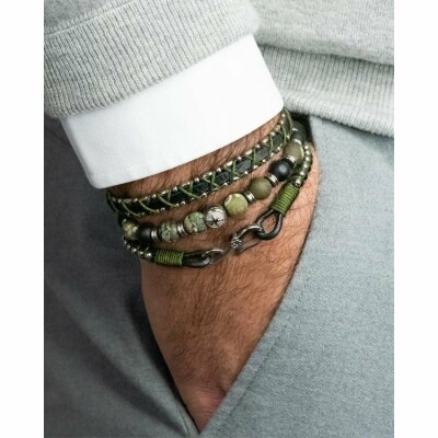 Bracelet Zeades Dromon en acier, cuir noir et textile vert