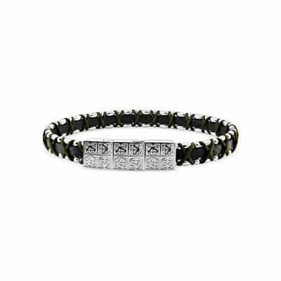 Bracelet Zeades Dromon en acier, cuir noir et textile vert