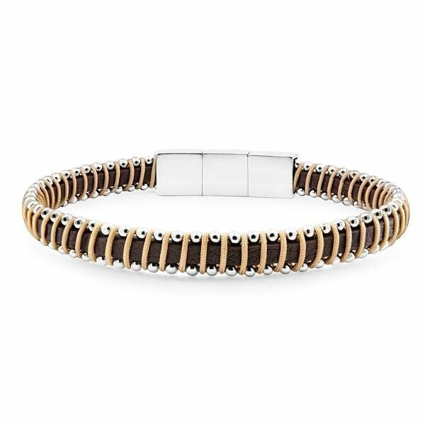 Bracelet Zeades Drua en acier, cuir brun et textile beige