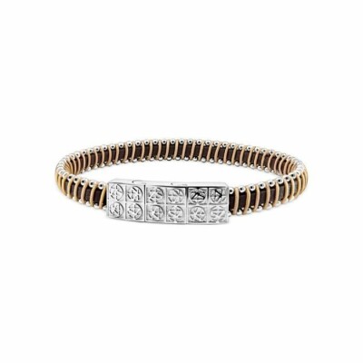 Bracelet Zeades Drua en acier, cuir brun et textile beige