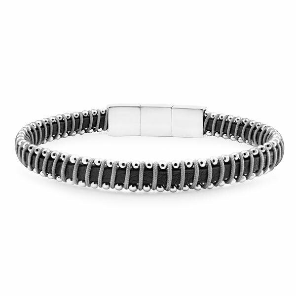 Bracelet Zeades Drua en acier, cuir noir et textile gris clair