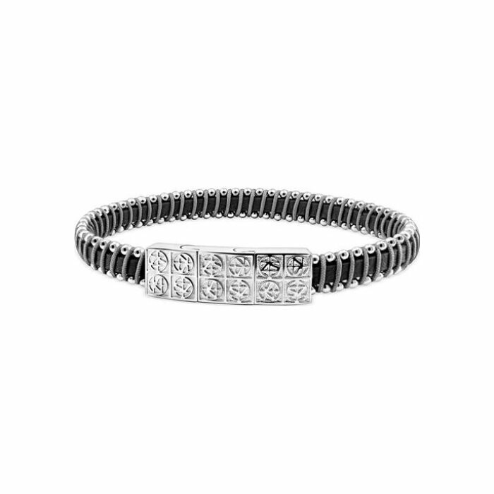 Bracelet Zeades Drua en acier, cuir noir et textile gris clair