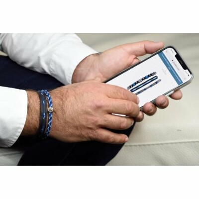 Bracelet Zeades Rouf en acier, cuir noir et corde en plastique recyclé bleue