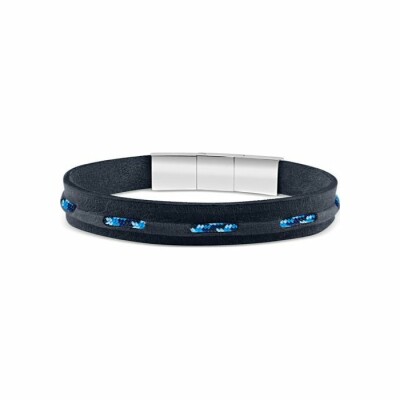 Bracelet Zeades Rouf en acier, cuir noir et corde en plastique recyclé bleue