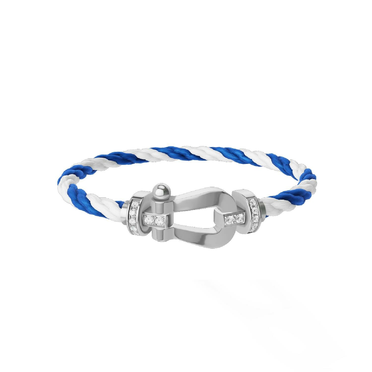 Bracelet FRED Force 10 grand modèle manille en or blanc, diamants et câble en corderie bleu et blanc 