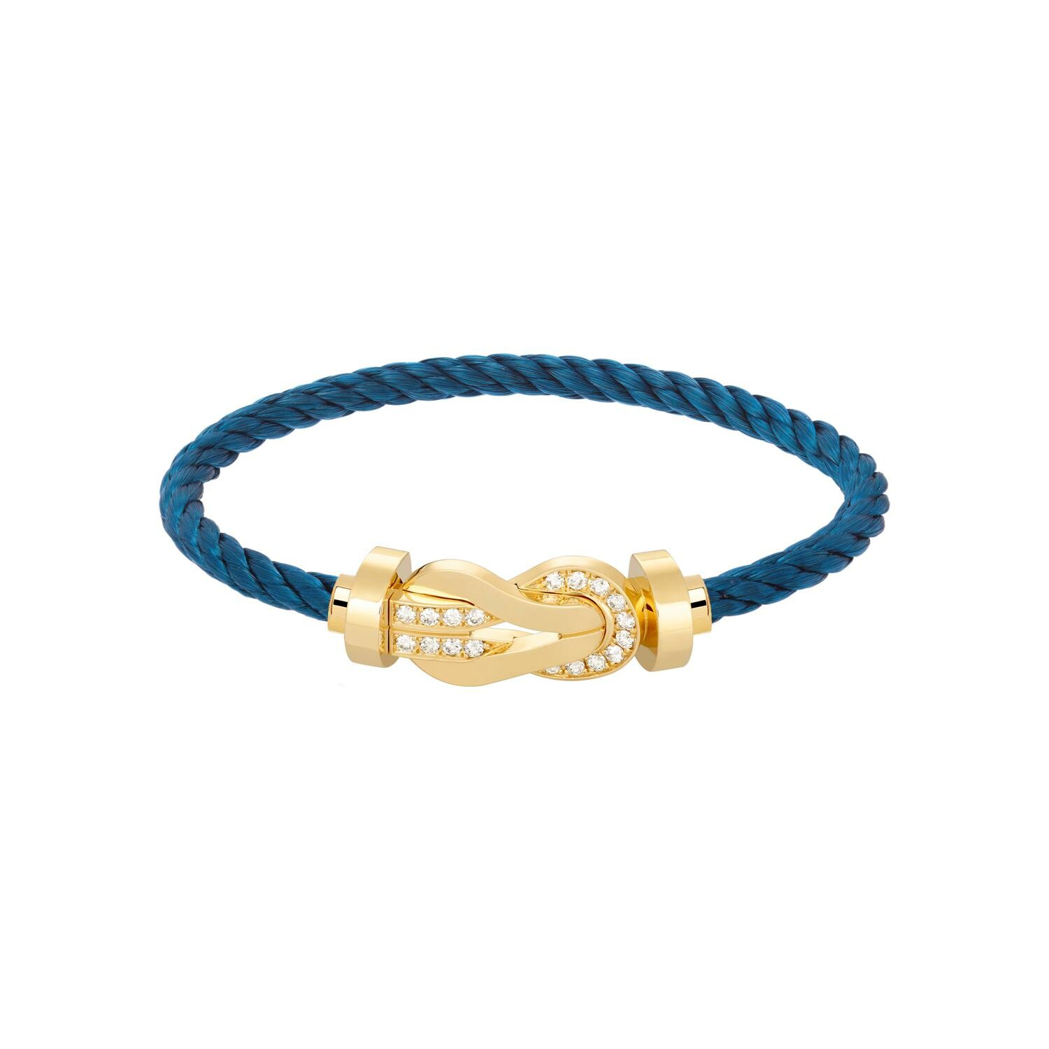 Bracelet FRED Chance Infinie grand modèle en or jaune semi pavé de diamants et câble en acier bleu 