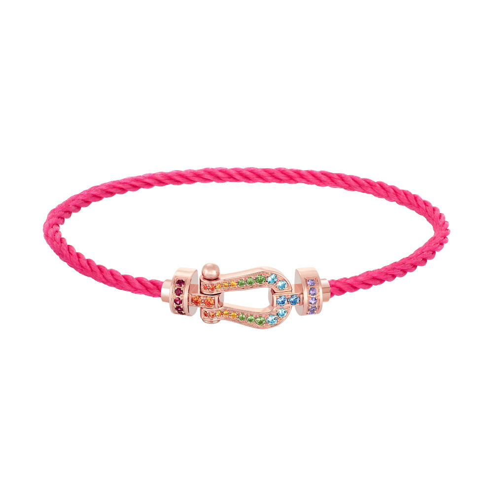 Bracelet FRED Force 10 Moyen Modèle manille en or rose, pierres de couleurs et câble en corderie bois rose 