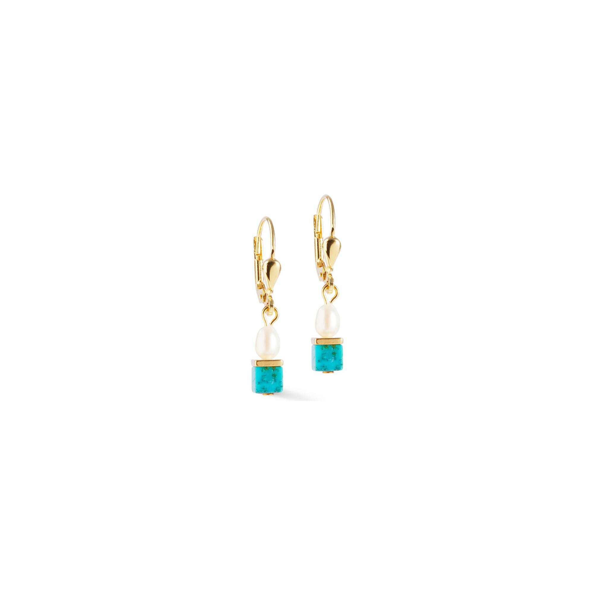 Boucles d'oreilles Coeur de Lion Princess Fusion Pearls en acier doré, perle d'eau douce et turquoise