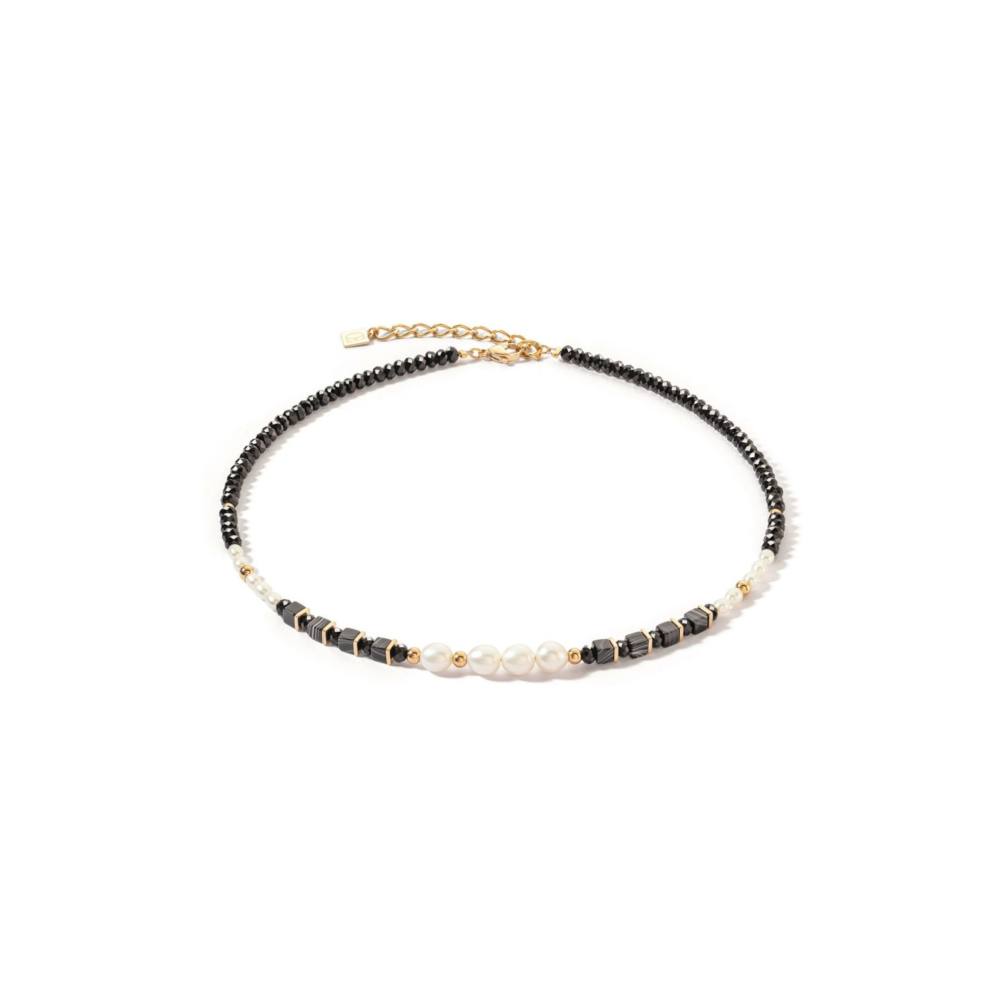 Collier Coeur de Lion en acier doré, perle d'eau douce, onyx et verre