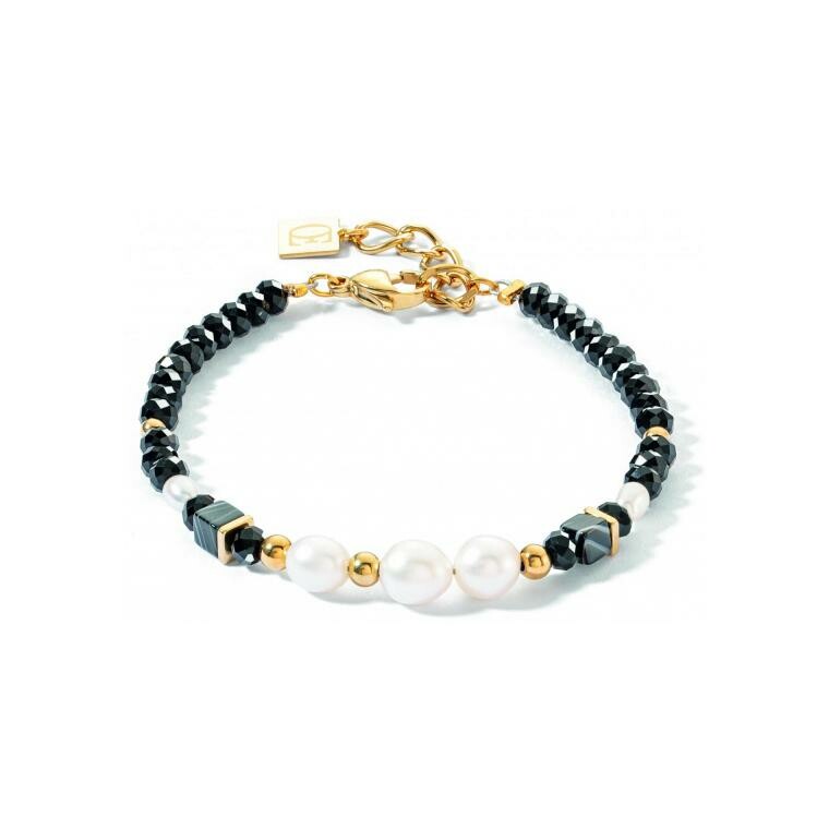 Bracelet Coeur de Lion en acier doré, perle d'eau douce, onyx et verre