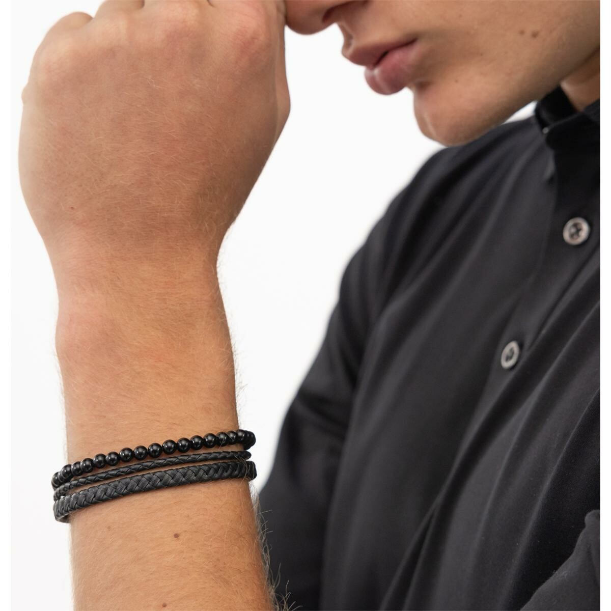 Bracelet BOSS en acier, cuir et onyx vue 3