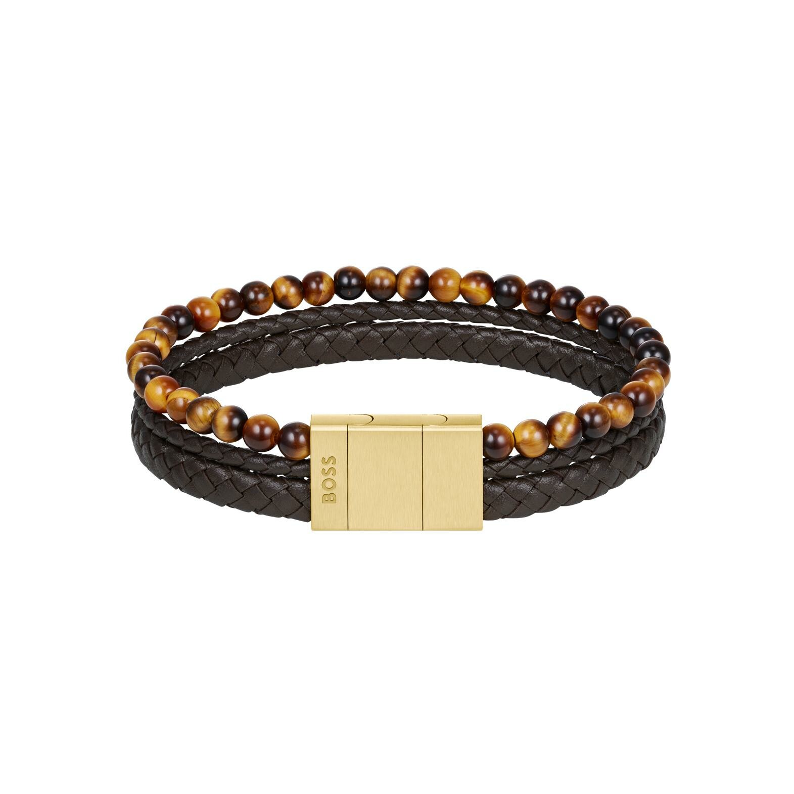Bracelet BOSS en acier, cuir et œil de tigre vue 2