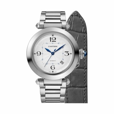 Pasha de Cartier watch, 41 mm, automatic movement, steel, interchangeable metal and leather straps view 1