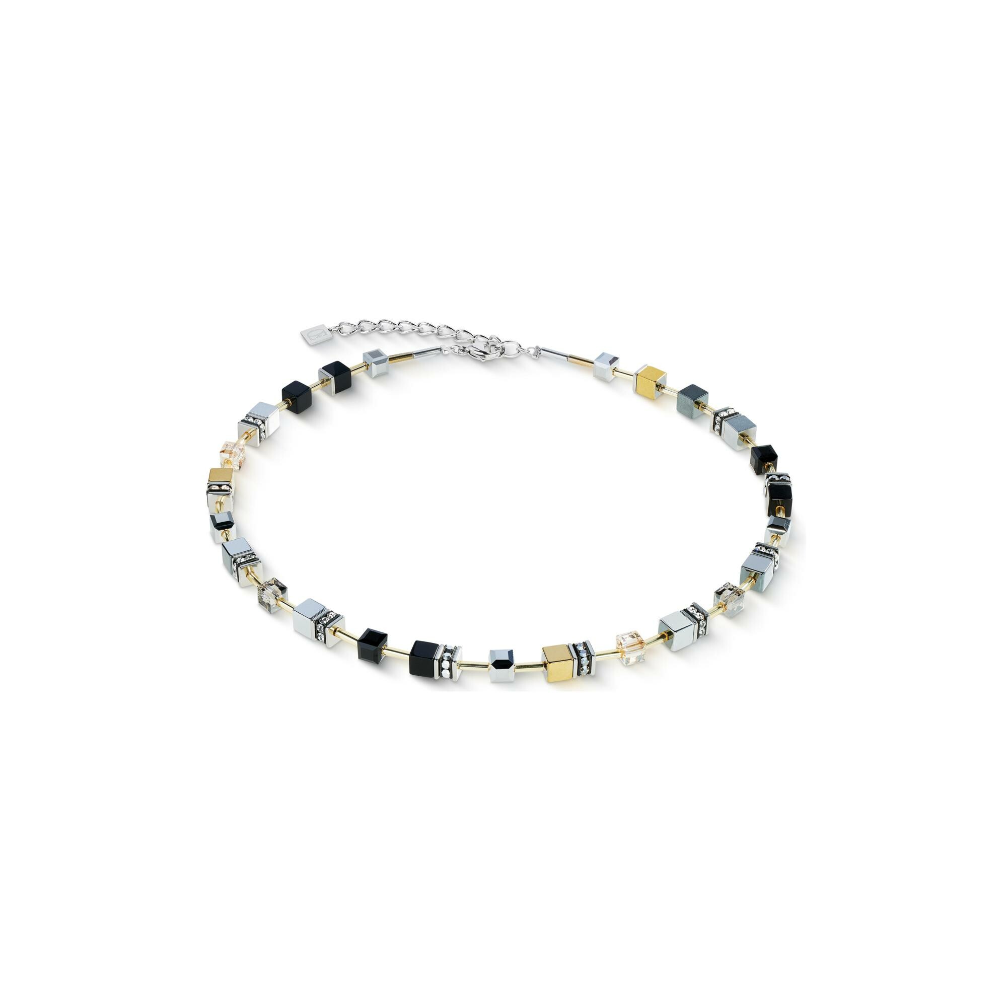 Collier Coeur de Lion GeoCUBE Iconic  en acier doré, oeil de tigre, hématite et cristaux Swarovski et strass