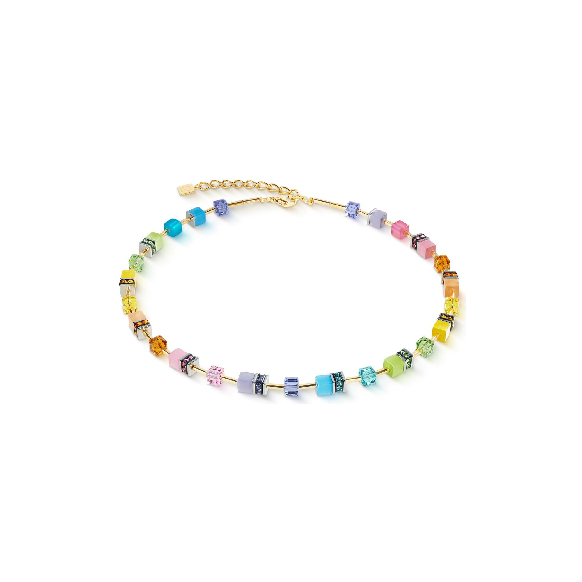 Collier Coeur de Lion GeoCUBE Iconic  en acier doré, oeil de tigre, cristaux Swarovski et strass