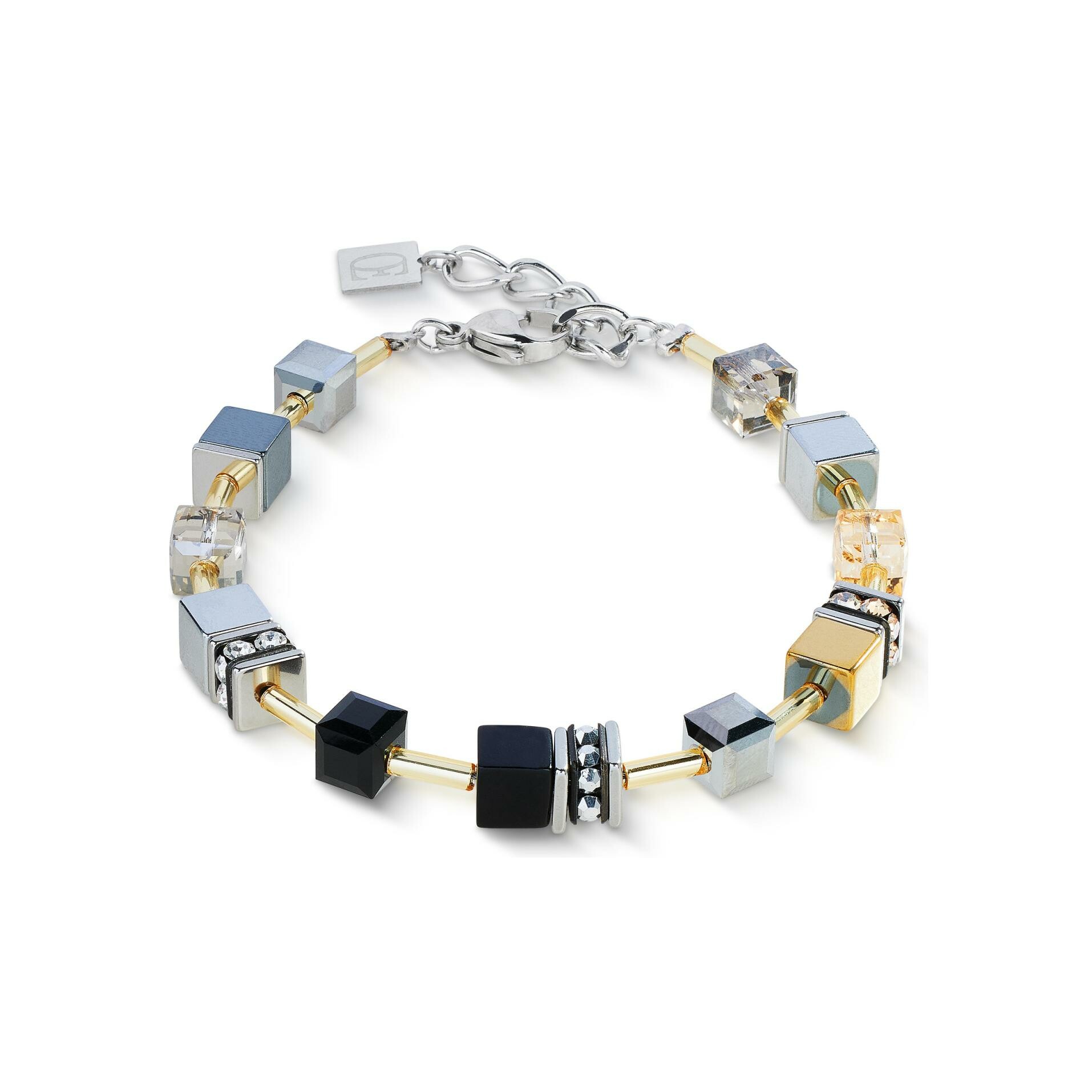 Bracelet Coeur de Lion GeoCUBE Iconic  en acier doré, oeil de tigre, hématite et cristaux Swarovski et strass