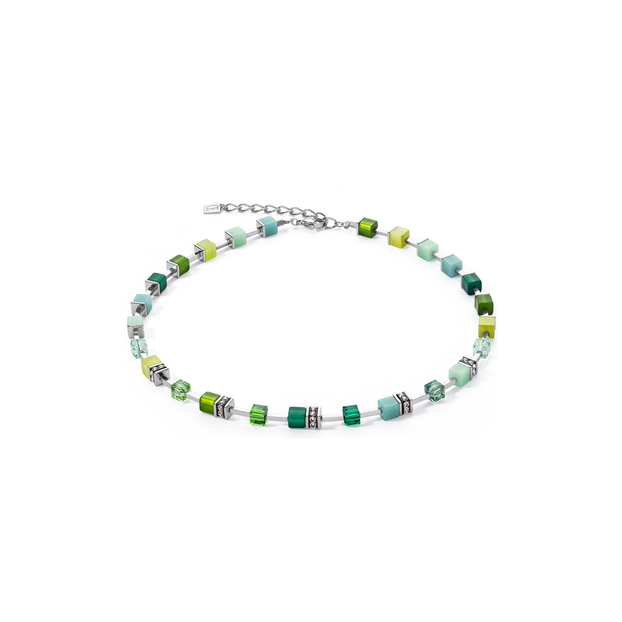 Collier Coeur de Lion GeoCUBE Iconic Pure en acier, aventurine bleu, quartz rose et nephrite, aventurine rouge, oeil de tigre, cristaux Swarovski et strass