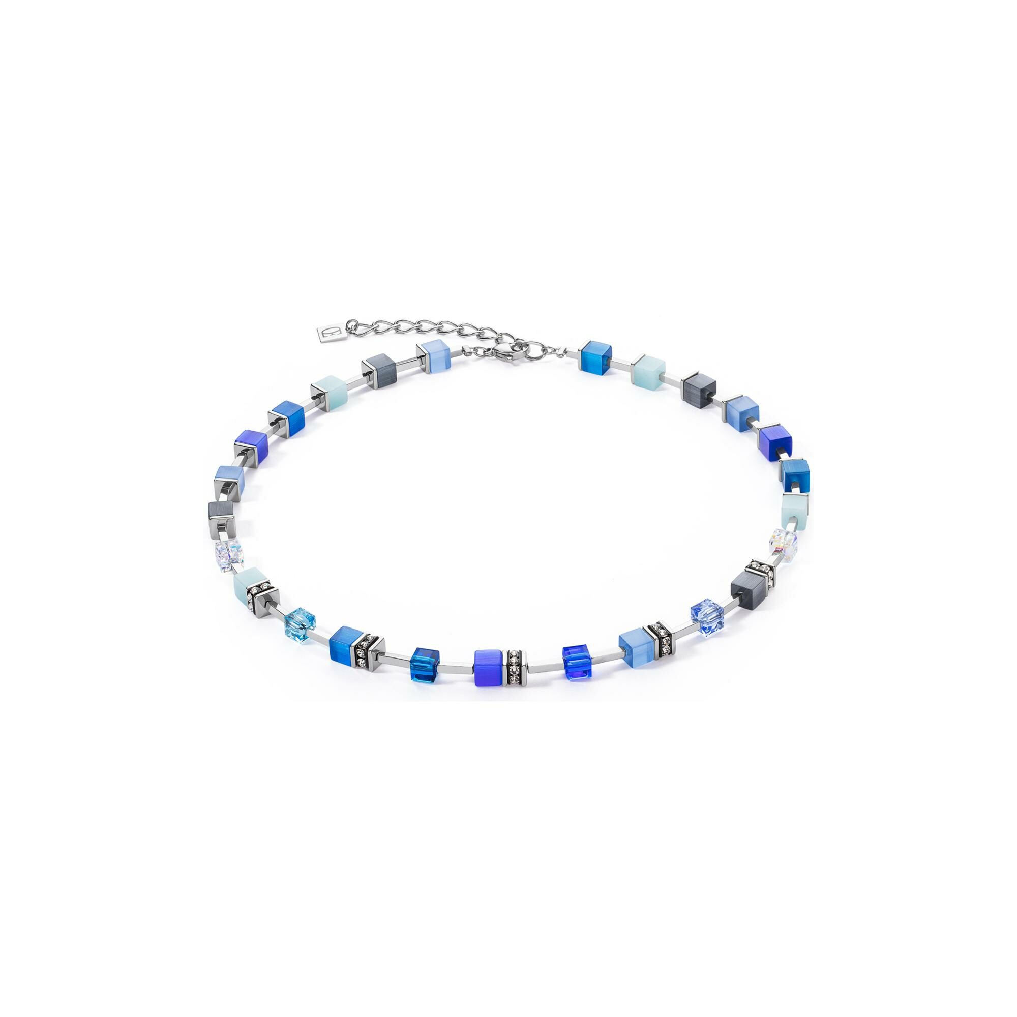 Collier Coeur de Lion GeoCUBE Iconic Pure en acier, aventurine bleu, quartz rose et nephrite, aventurine rouge, oeil de tigre, cristaux Swarovski et strass