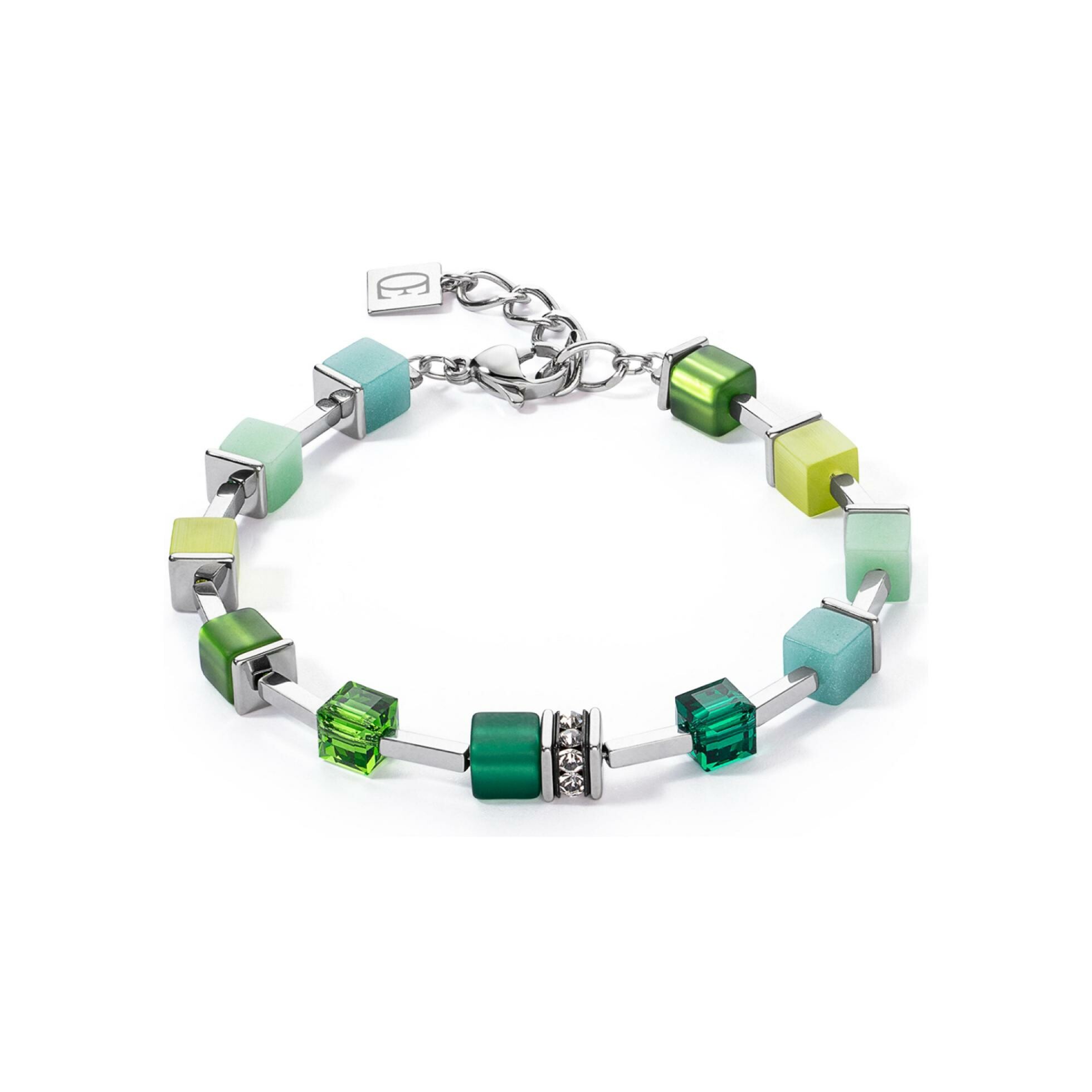 Bracelet Coeur de Lion GeoCUBE Iconic Pure en acier, aventurine bleu, quartz rose et nephrite, aventurine rouge, oeil de tigre, cristaux Swarovski et strass