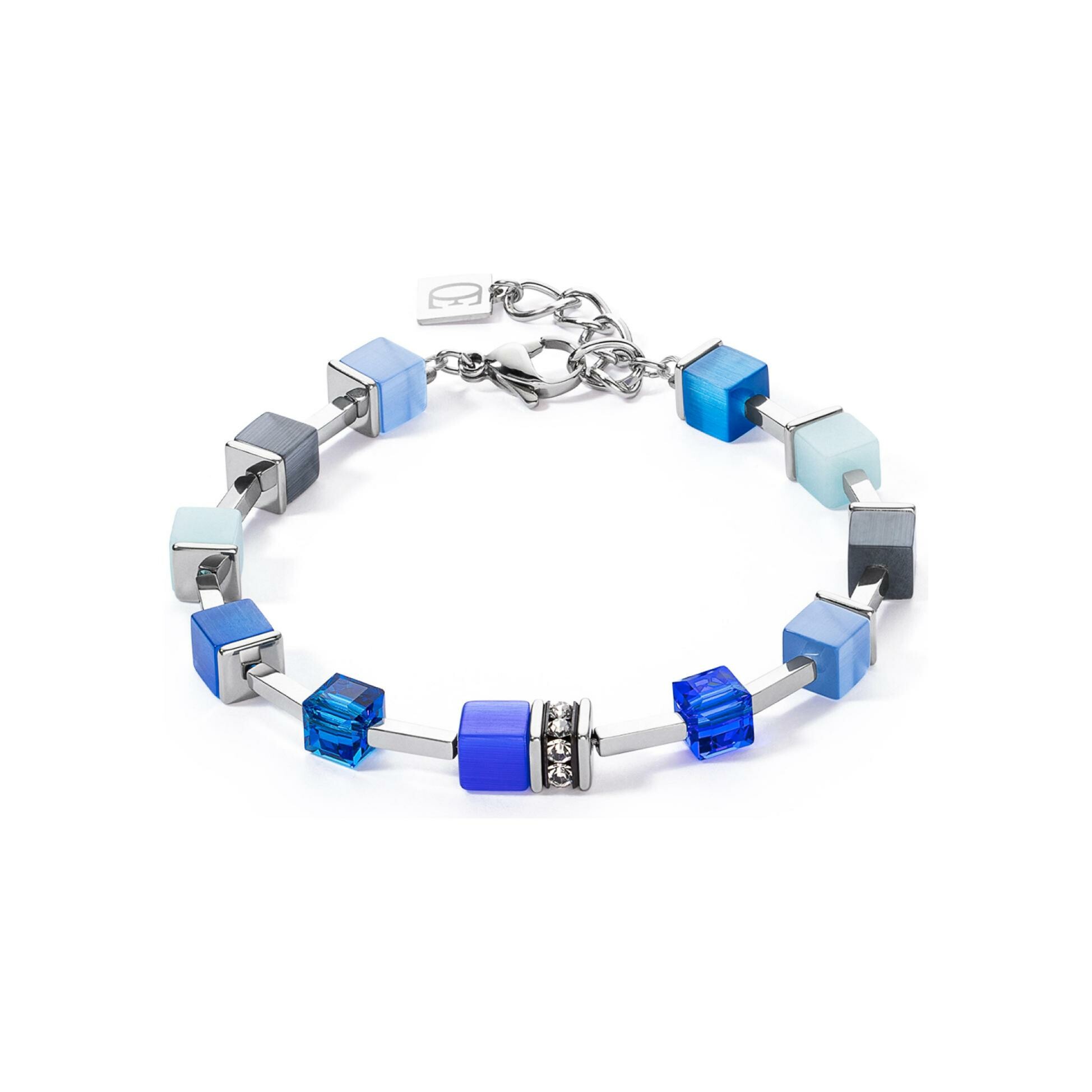 Bracelet Coeur de Lion GeoCUBE Iconic Pure en acier, aventurine bleu, quartz rose et nephrite, aventurine rouge, oeil de tigre, cristaux Swarovski et strass