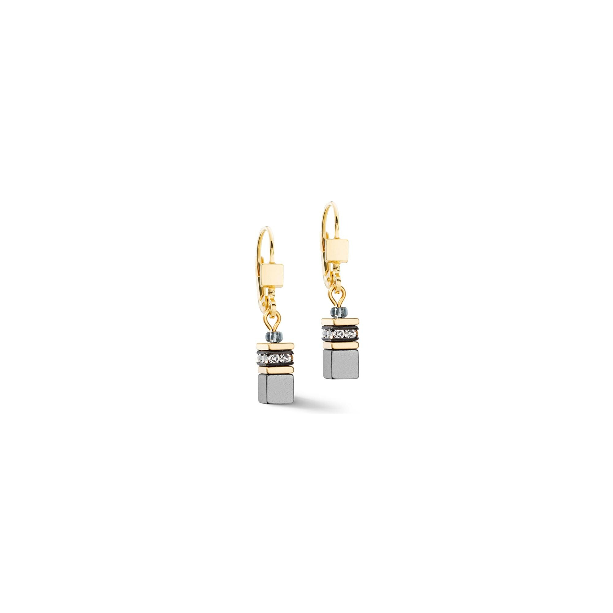 Boucles d'oreilles Coeur de Lion GeoCUBE Iconic Lite en acier doré, hématite et strass