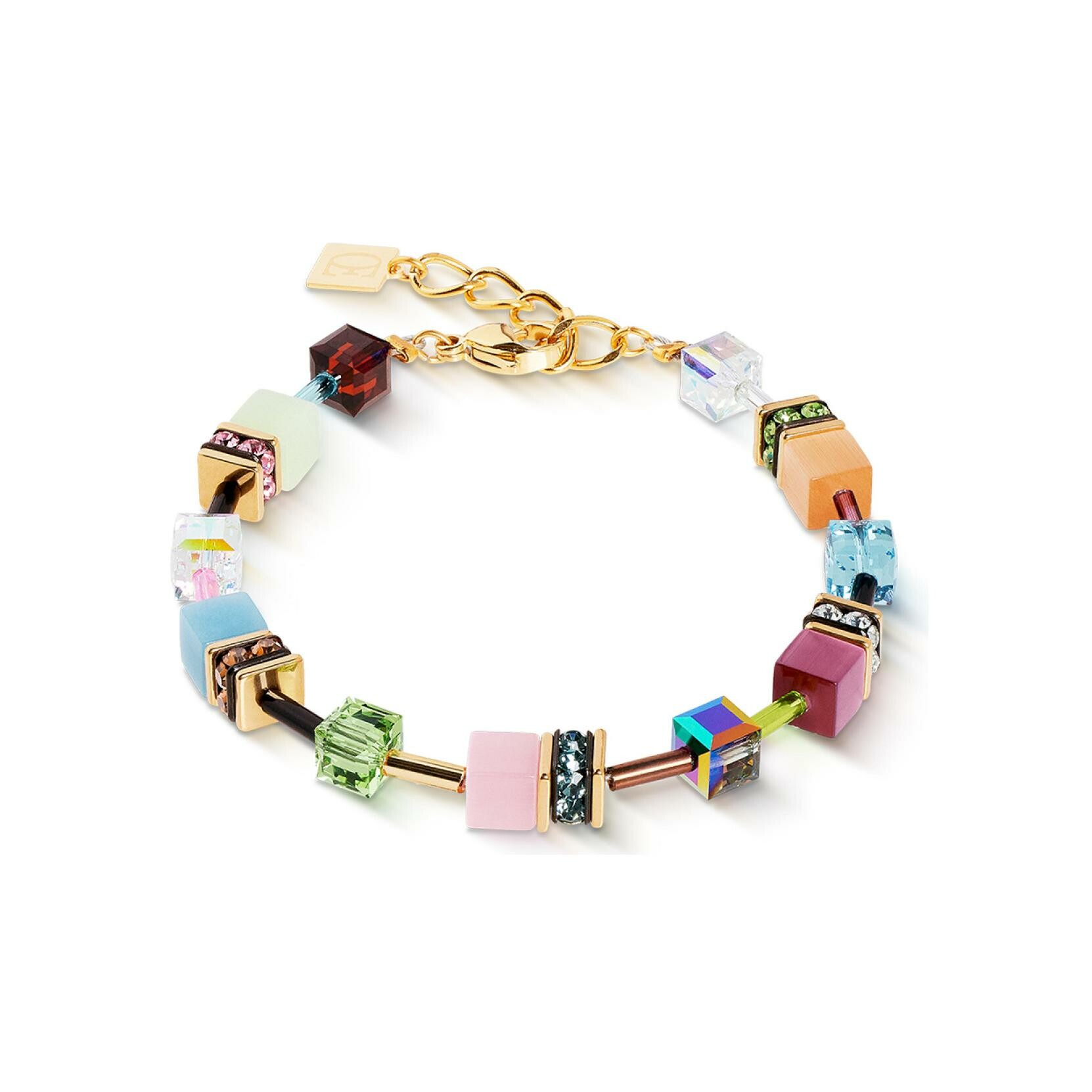 Bracelet Coeur de Lion GeoCUBE Iconic en acier doré, cristaux Swarovski, oeil de tigre et strass et verre