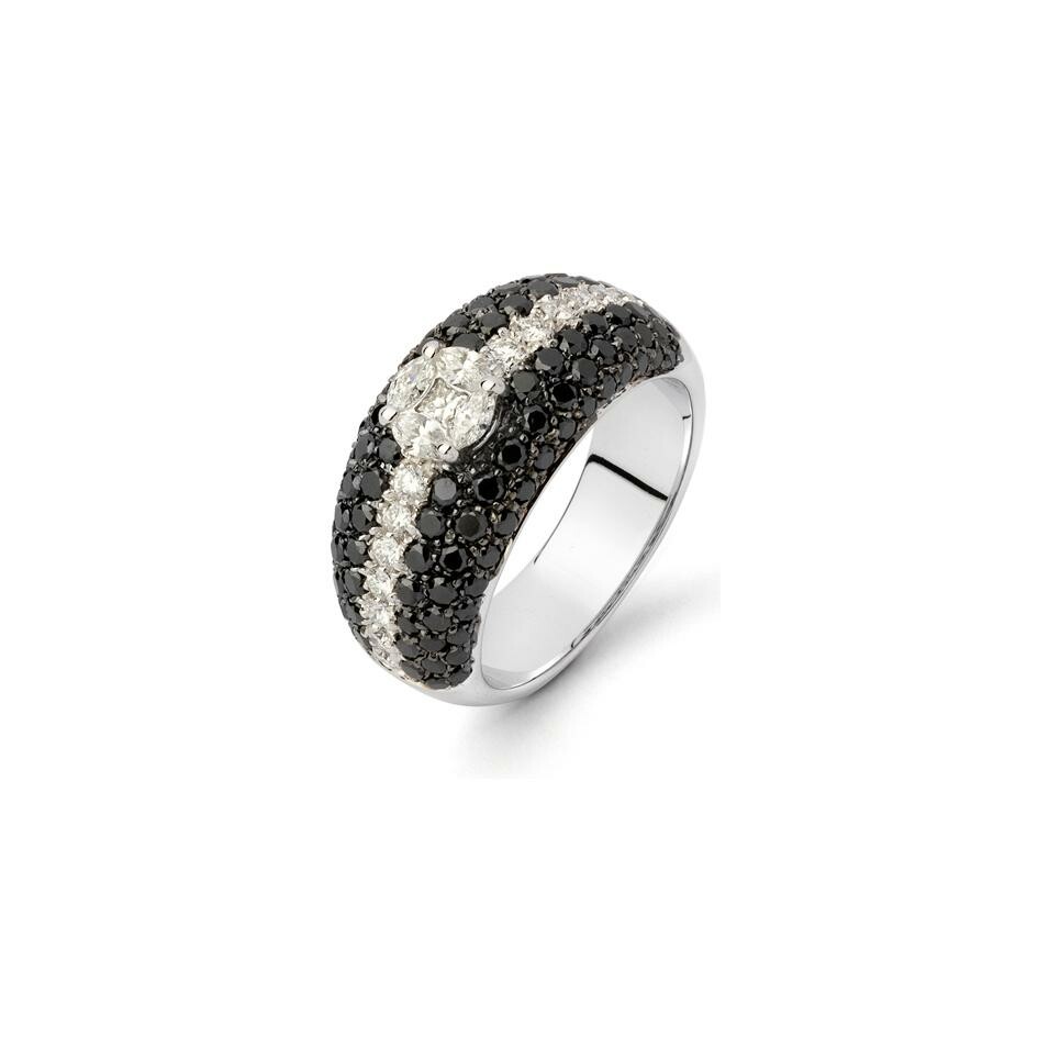 Bague jonc bombé en or gris, sertie de diamants blancs et noirs en griffes