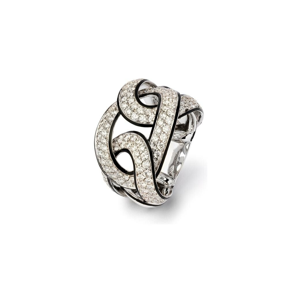 Bague large en or gris, entrelacs pavés de 2,62 carats de diamants avec de la laque noire