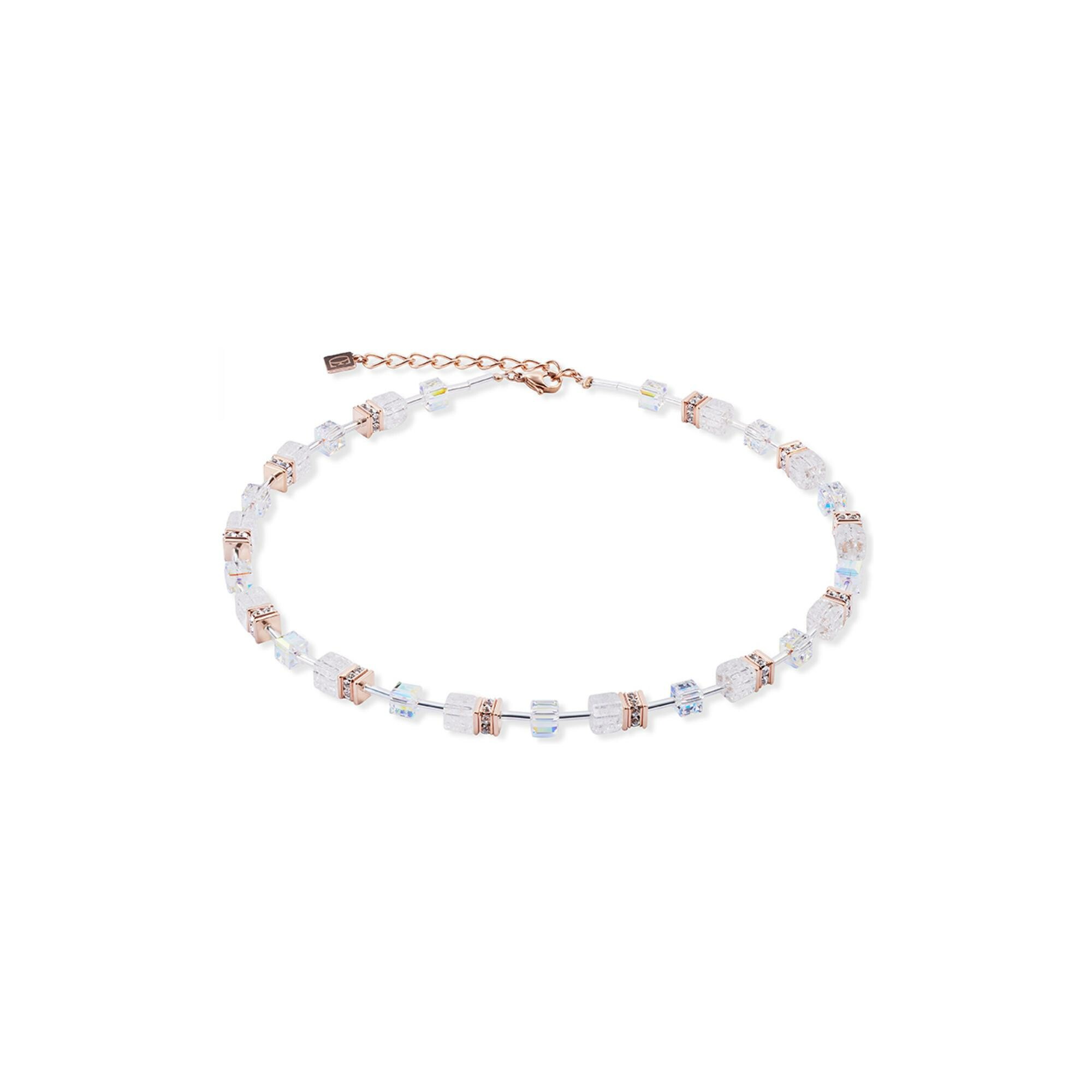 Collier Coeur de Lion GeoCUBE Iconic Nature en acier, métal doré rose, cristal de roche, cristaux Swarovski et strass