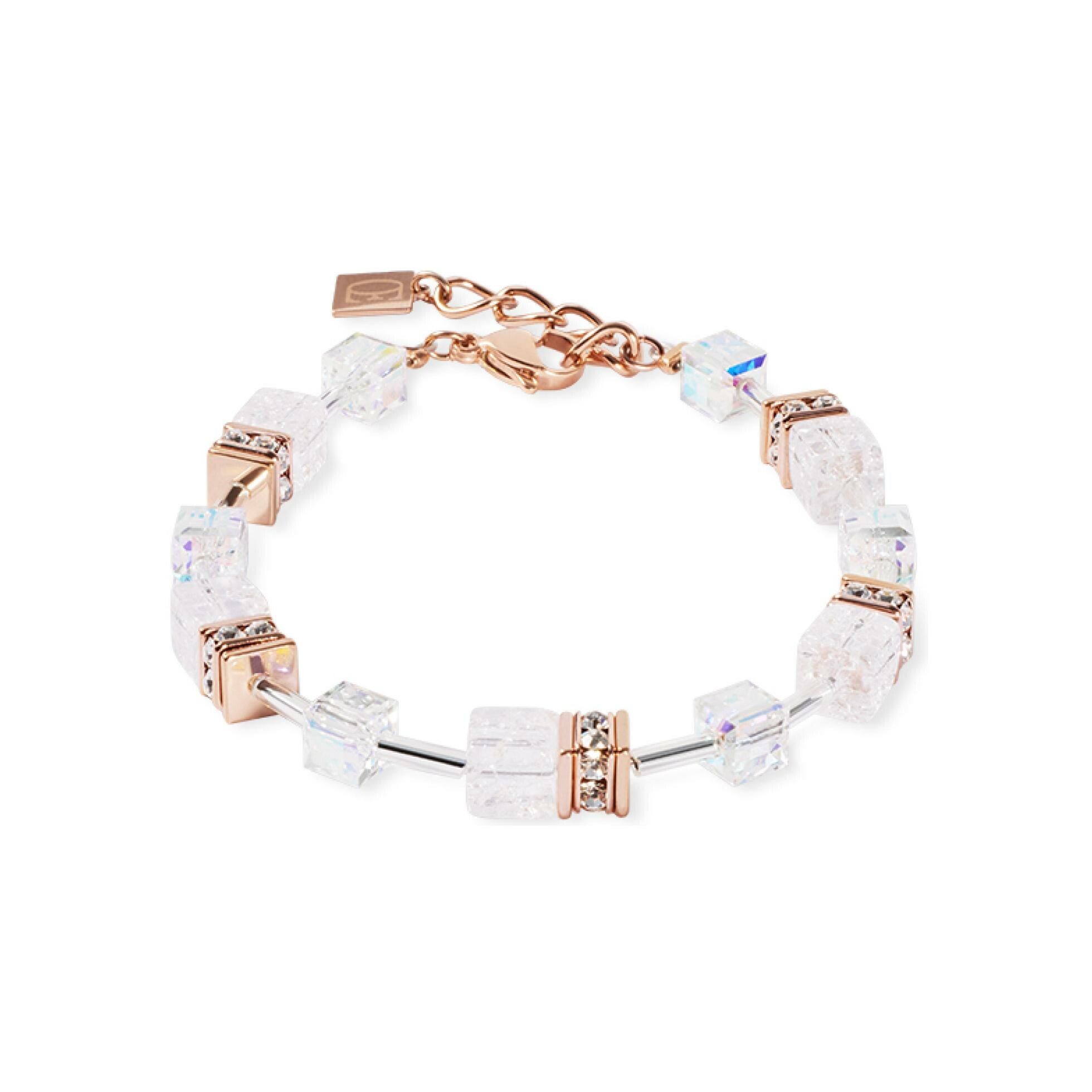 Bracelet Coeur de Lion GeoCUBE Iconic Nature en acier, métal doré rose, cristal de roche et cristaux Swarovski