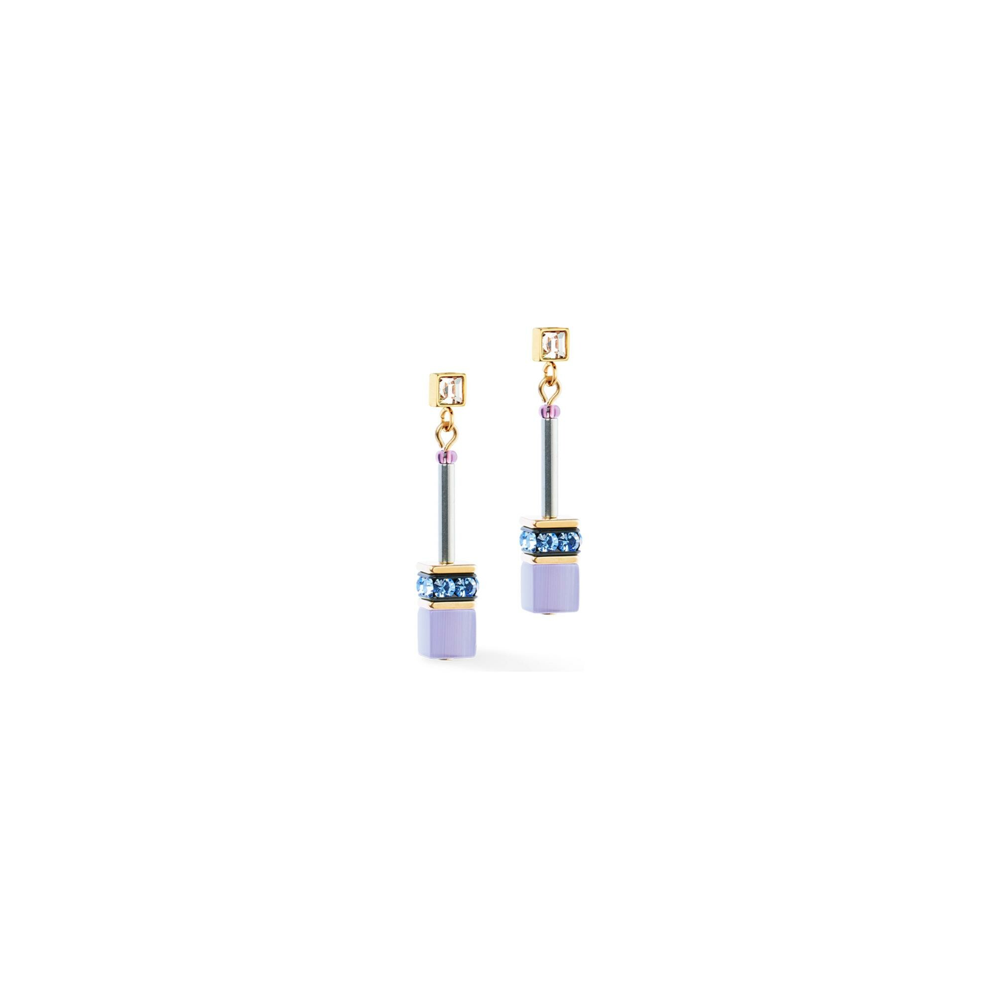Boucles d'oreilles Coeur de Lion GeoCUBE Iconic Chain Mystic Orchid en acier, acier doré, oeil de tigre et strass
