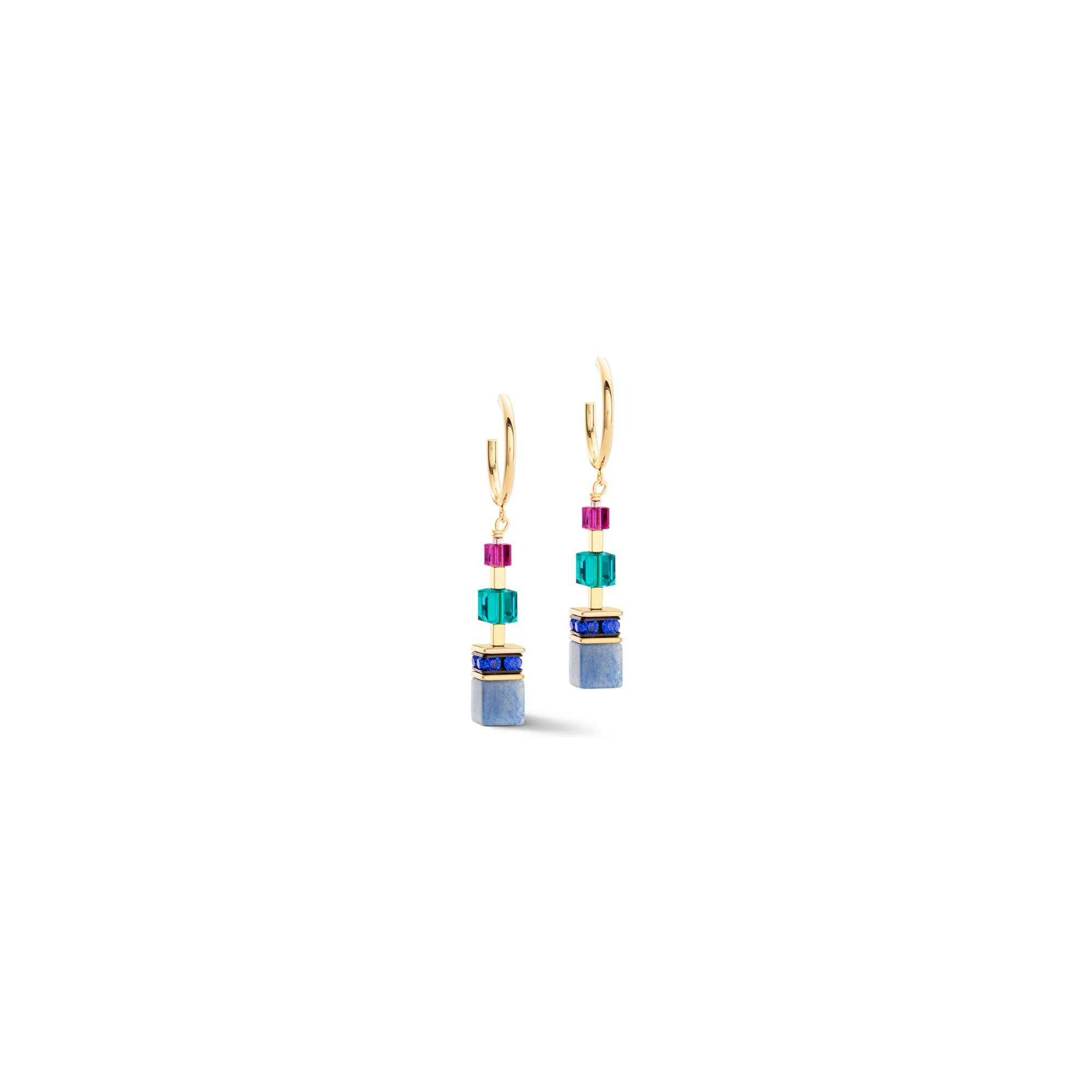 Boucles d'oreilles Coeur de Lion GeoCUBE Precious Statement  en acier, aventurine bleu, cristaux Swarovski et strass